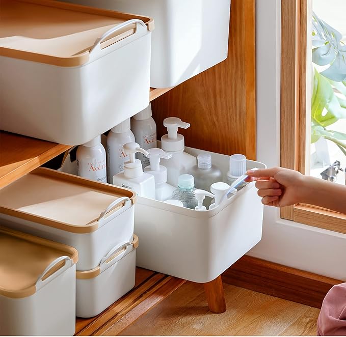 ANMINY 12PCS Plastic Storage Bins Containers with Lids, Large Storage Organization Bins Boxes, Lidded Plastic Storage Baskets for Closet Shelves Desktop, Wheat Lids, 2XL + 4L + 2M + 4S