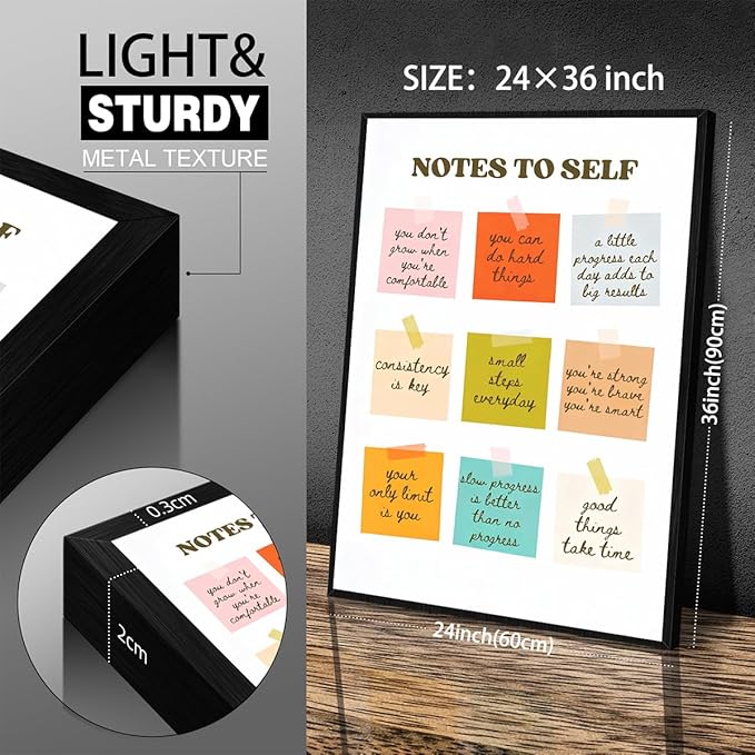 Notes To Self Motivational Quotes Wall Art Mental Health Canvas Poster 24X36 inch Black Framed Modern Colorful Inspirational Prints for Office Home Living Room Wall Decor