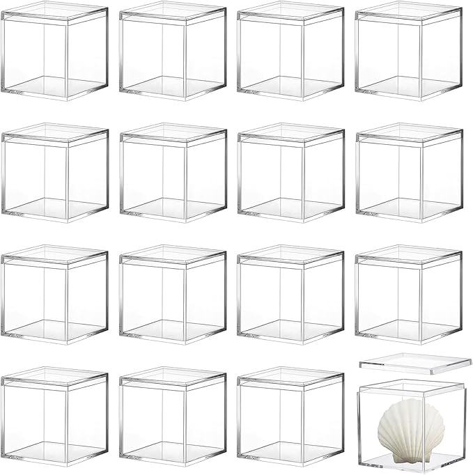 16 Pcs Clear Small Acrylic Box Plastic Acrylic Square Cube with Lid, 2.17×2.17×2.17 inches Gifts Box Storage Containers Display Box for Cosmetics, Jewelry, Party Favors, Makeup, and Tiny Item