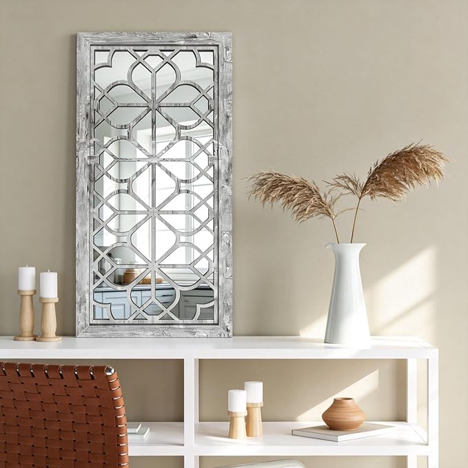 Set of 2 13x30 Inch Large Grey Shatterproof Carved Floral Wood Frame Wall Mirrors, Boho Farmhouse Rustic Accent Mirrors for Living Room Bedroom Bathroom & Home Decor