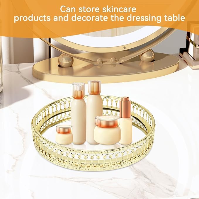 Tray Mirror, Gold Mirror Tray Decorative, Round Dresser Ornate Tray Jewelry Perfume Organizer Makeup Tray Cosmetics Storage Organizer Tray Gold Room Decor for Vanity, Dresser, Bathroom, Bedroom(01)