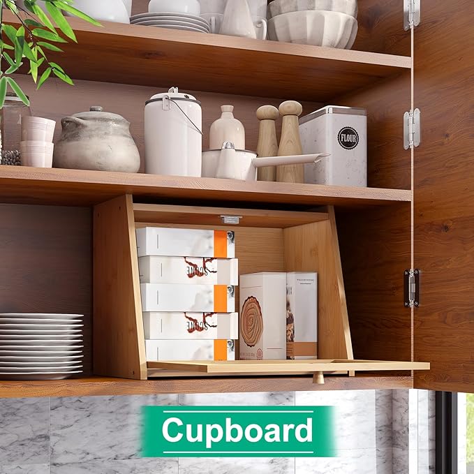 kiplant Large Bread Box for Kitchen Counter, Bamboo Bread Storage Container with Wavy Arcylic Transparent Door, Bamboo Wooden Farmhouse Bread Box for Your House