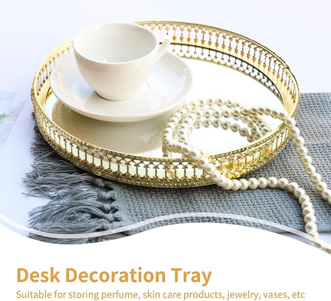 Tray Mirror, Gold Mirror Tray Decorative, Round Dresser Ornate Tray Jewelry Perfume Organizer Makeup Tray Cosmetics Storage Organizer Tray Gold Room Decor for Vanity, Dresser, Bathroom, Bedroom(01)