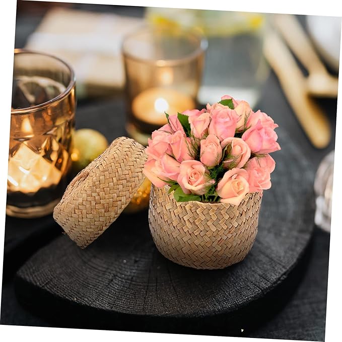 VALICLUD Wicker Lidded Basket Storage Box Lid for Home Handmade Basket Decorative Flower Bin