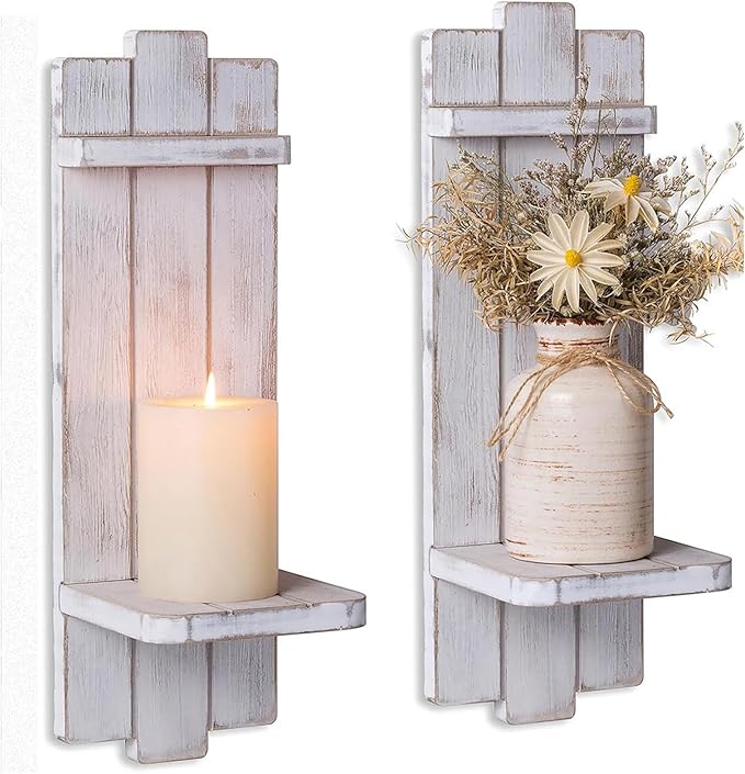 Farmhouse Candle Sconces Wall Decor: Set of Two Rustic Wood Wall Candle Holder - Distressed White Candle Sconces for Bedroom Living Room Bathroom