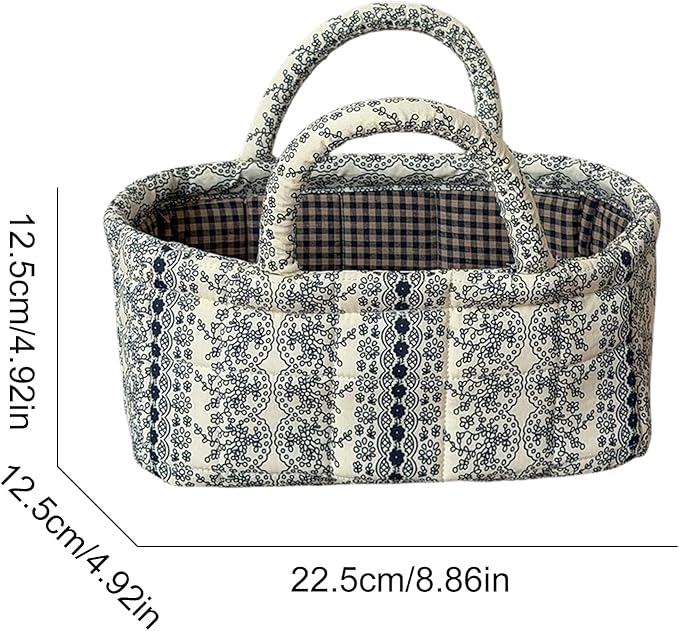 Small Floral Storage Bins with Cotton Handles – Collapsible Boho Fabric Storage Basket for Drawers, Shelves & Desktop