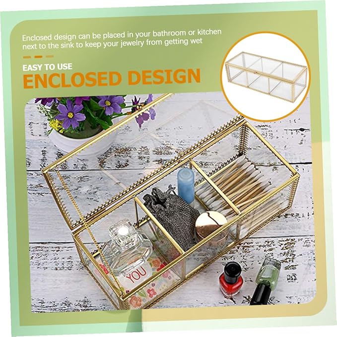 Jewelry Box with Glass Lid and Metal Frame Vanity Organizer for Makeup Rings Earrings Necklaces Bracelets Watches and Small Accessories Dustproof Storage for Bathroom Desk