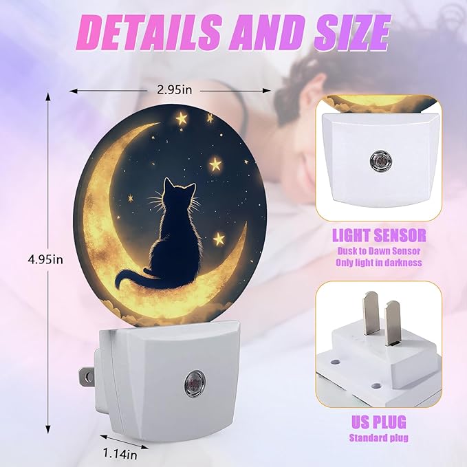 Cat Moon Night Light Starry Sky Night Lights LED Lamp Round Plug into Wall Nightlight with Dusk to Dawn Sensor Home Hallway Stairway Kitchen Decor