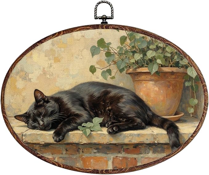 Vintage Black Cat Oval Framed Wall Art, Cute Animal Cat Canvas Art Paintings Wall Decor, Rustic Aesthetic Cottagecore Hanging Decor Artwork for Home Kitchen Bedroom Bathroom Living Room 12X8.3