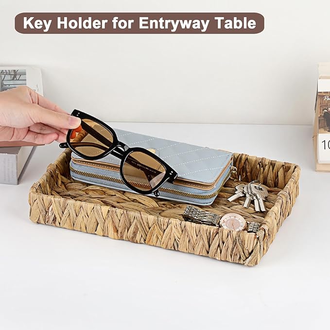 Decorative Key Holder for Entryway Table Handwoven Natural Water Hyacinth Basket Tray Rectangular Serving Tray, 11.9" x 7.9" x 1.6"