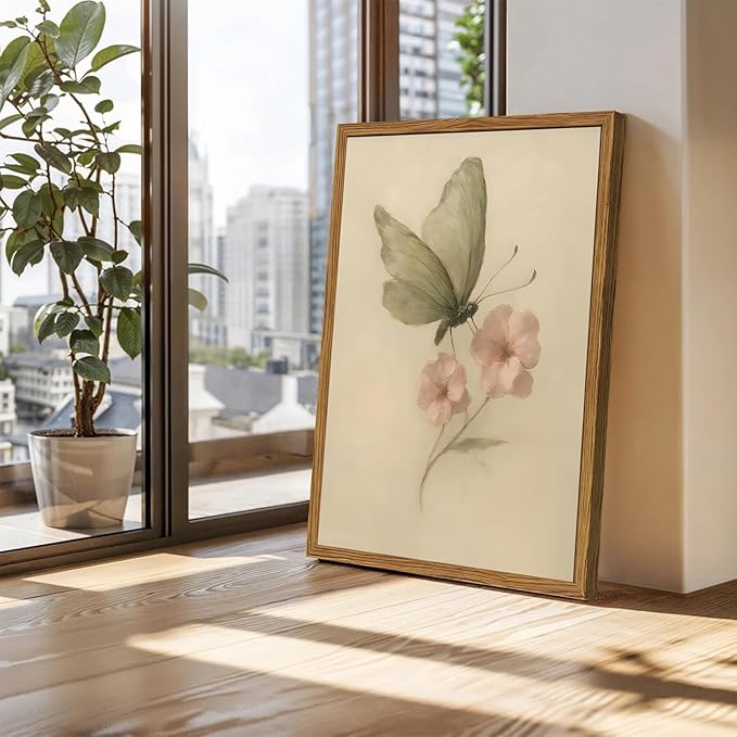 Framed Vintage Wall Art, Butterfly and Pink Floral Pictures Wall Decor, Retro Flower Moth Painting Canvas Prints Cottagecore Home Decor Aesthetic for Living Room Bedroom Bathroom 16x24 inch