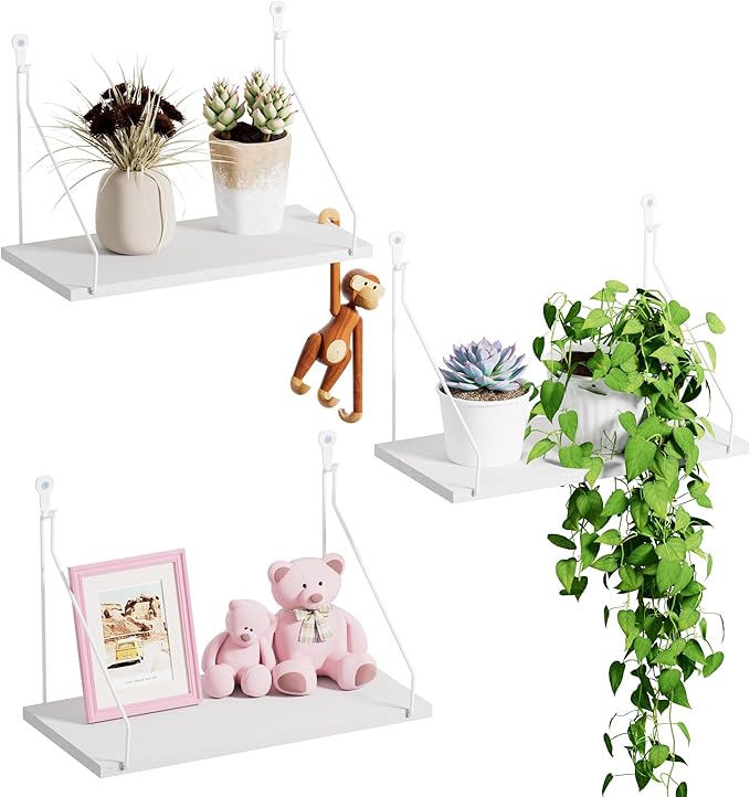 QsQueen Elevate Your Space with Rustic Wood Floating Shelves Set of 3- Perfect for Bedroom, Living Room, Bathroom, and Kitchen Decor - Easy Installation, No Drilling Needed! White