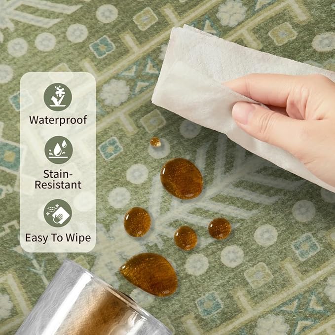 Rugxara 8x10 Washable Area Rugs for Living Room&Bedroom - Floral Boho Vintage Rug,Soft & Non-Slip,Low Pile Wool Carpet for Indoor Dining Room,Girls Room,Nursery Room and Kids Room(Olive Green)