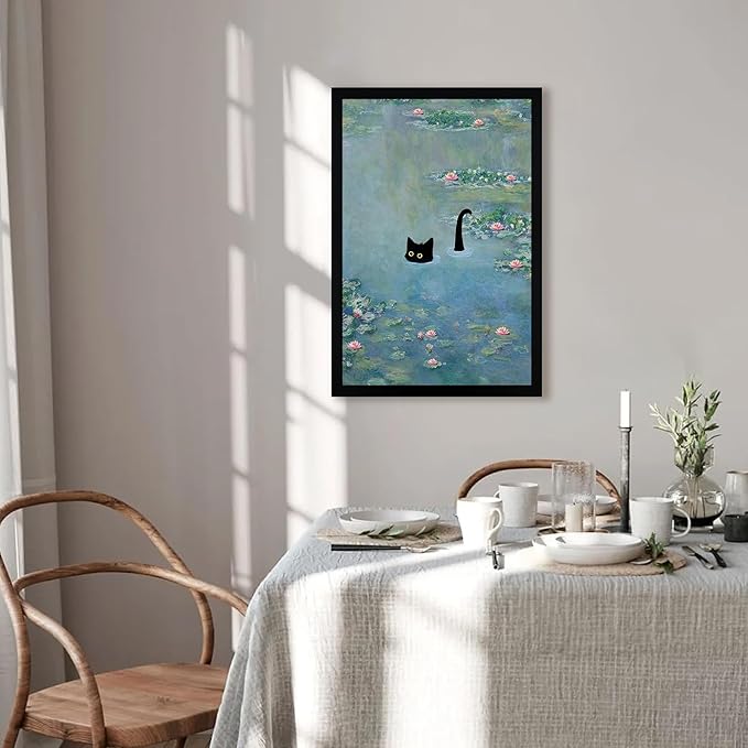 Fantasy Artists Monet Water Lilies Cat Wall Art, Framed Vintage Canvas Art Wall Decor, Funny Black Cat Posters Prints for Bathroom Bedroom Living Room Home Office Decorations 20" Wide X 30" Height