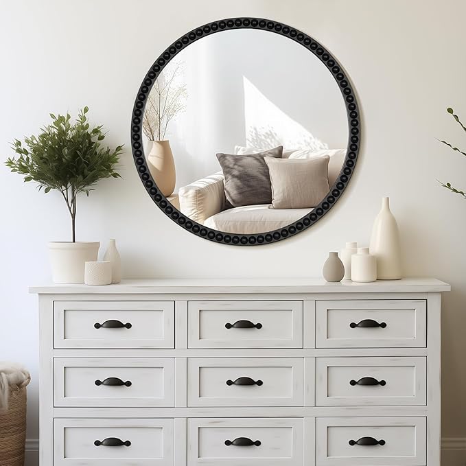 WallBeyond Round Mirrors for Wall Decor, 30'' Wall Mirror Decorative with Beaded Framed for Home Decoration Entryway Living Room Bedroom, Black