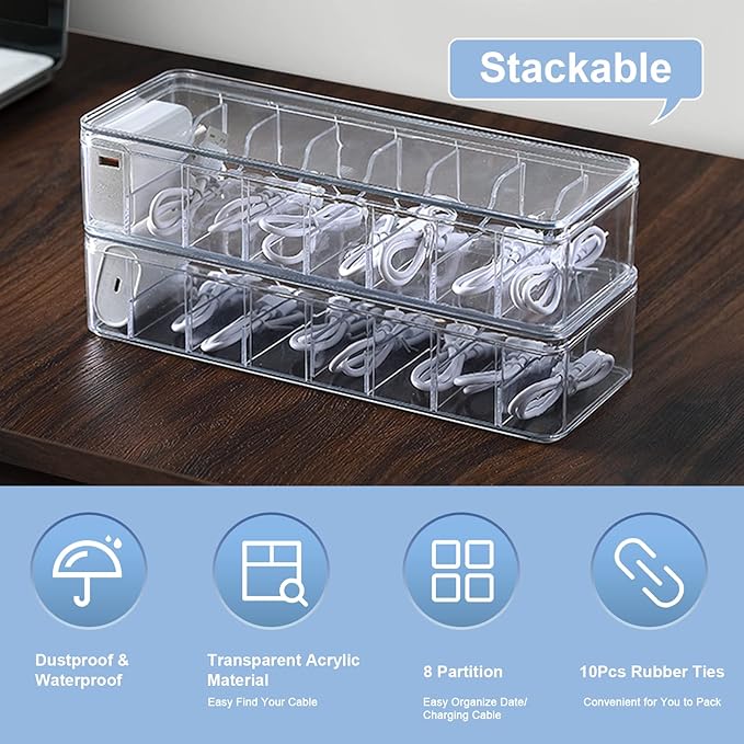 Cable Organizer Storage Box Plastic Cable Cord Management Box Power Cord Organizer Case with 10Pcs Rubber Ties for Office, Home, Desk Accessories Storage Stationery Supplies
