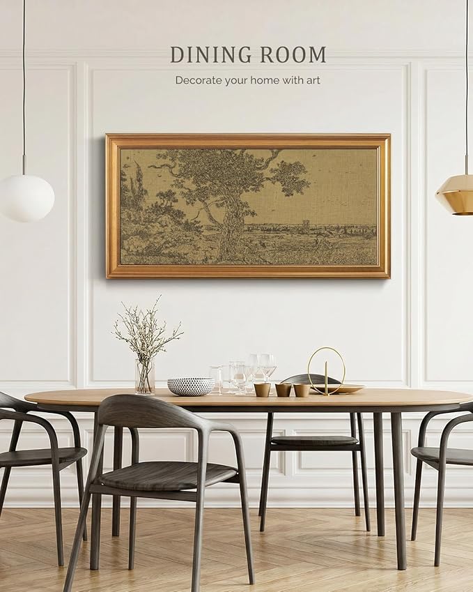 Bzstyleart Vintage Wall Art Decor, Large Canvas Framed Wall Art, Landscape Painting Picture Farmhouse, Large Canvas Artwork for Bedroom Home Decoration Aesthetic, Field Tree, 20 x 40 Inch