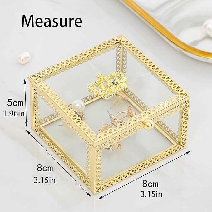 NAJMECHOY Glass Jewelry Box, Mirror Bottom with Crown Lid, Box for Makeup, Lipstick Ring Earrings, Storage Box, Gold Glass Box Ring, Bracelet Display Transparent Box (Square)