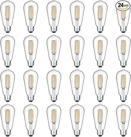 Gozelux Vintage LED Edison Bulb Dimmable 60W Equivalent 750 Lumens, 6W Light Bulbs Warm White 2700K, Antique ST58 Filament Bulb E26 Base, CRI 90+, Clear Glass, Pack of 24