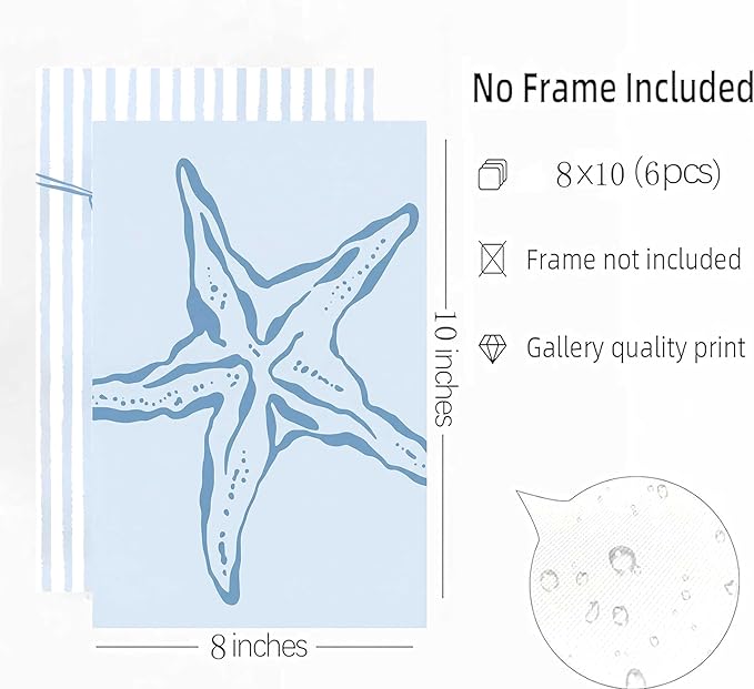 6Pcs Blue Coastal Granddaughter Canvas Wall Art Beach Shell Bikini Plant Starfish Painting Picture Wall Decor Poster Print Artwork for Teen Girl Room Dorm Apartment Unframed