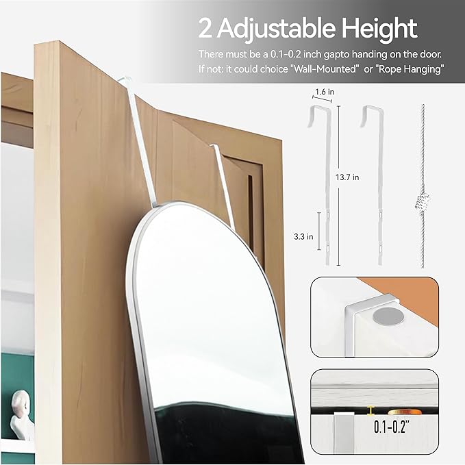 SCWF-GZ 57x20 Door Hanging Full Length Mirror, Floor (Height 5.7ft just Body in1.3ft) or Wall Mounted Metal Frame Arch Dressing Mirrors for Bedroom Bathroom Living Room 57 20 inch Silver