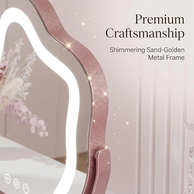 Makeup Mirror with Lights - 17″ Cloud Shaped Smart Touch 3-Color Dimmable 360° Rotation Memory Metal Frame Plug-in AC Power Tabletop Vanity Mirror Gift for Women Teen Girls Rosegold