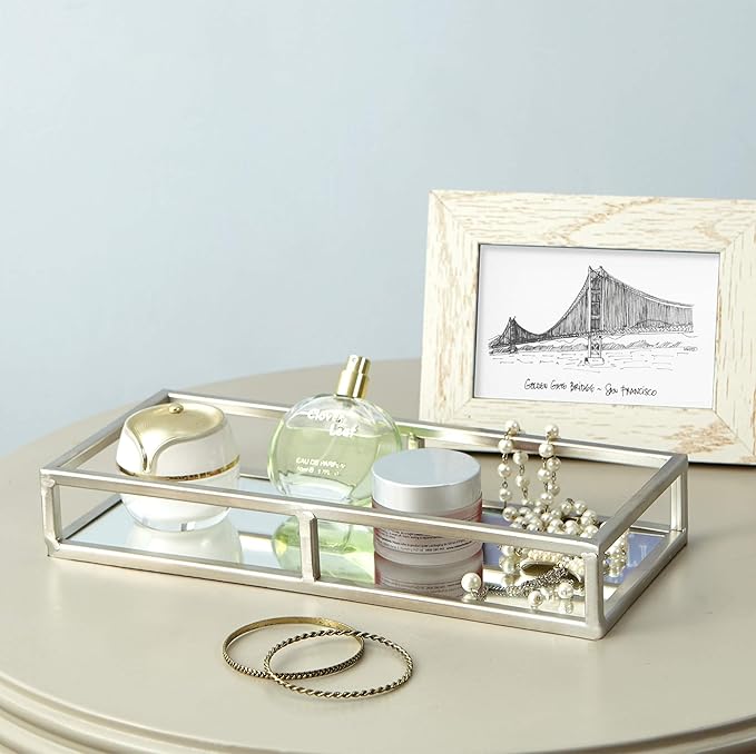 Silver Metal Mirror Tray - Medium Rectangle Open Style