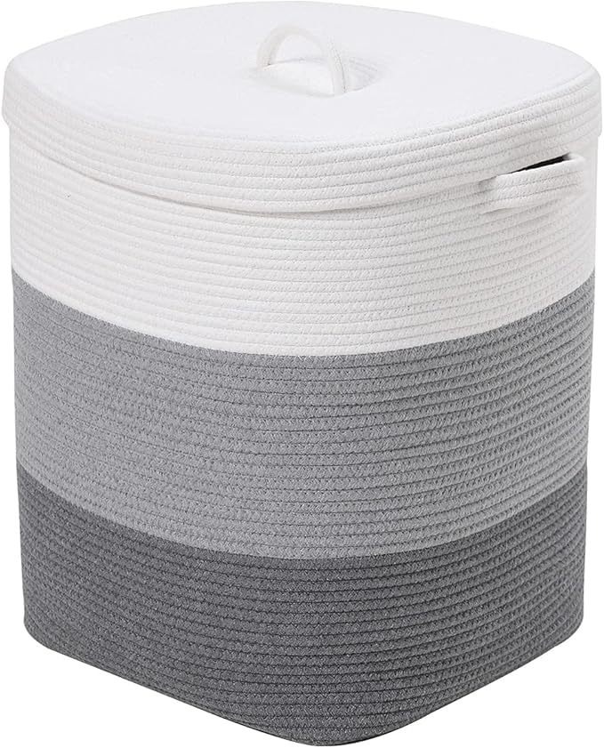 16”x16”x20” Rectangular Extra Large Storage Basket with Lid, Cotton Rope Storage Baskets, Laundry Hamper, Cloth Bin, for Clothes Towels Blankets Storage in Living Room, Light Grey/Grey