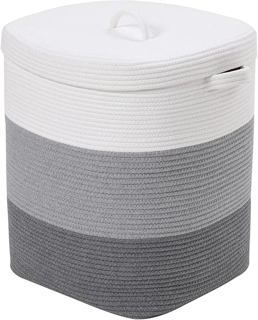 16”x16”x20” Rectangular Extra Large Storage Basket with Lid, Cotton Rope Storage Baskets, Laundry Hamper, Cloth Bin, for Clothes Towels Blankets Storage in Living Room, Light Grey/Grey