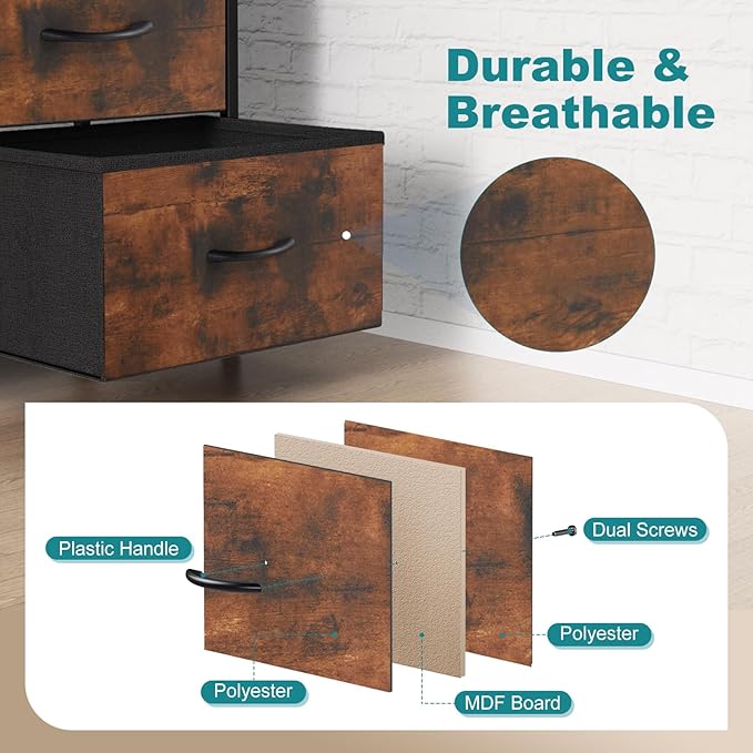 OLIXIS Dresser for Bedroom, 8 Storage Drawers, Tall Large Fabric Storage Tower Organizer, Chest of Drawers with Metal Frame Wooden Top for Nursery, Closet, Living Room, Entryway, Classic Rust Brown