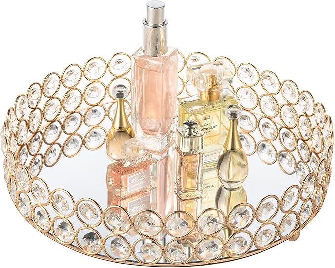 Feyarl Crystal Perfume Tray Makeup Cosmetic Vanity Organizer Jewelry Trinket Display Storage Mirrored Decorative Tray Skin Care Tray for Dresser Home Deco Birthday Gift(Round 10" inch) (Gold)