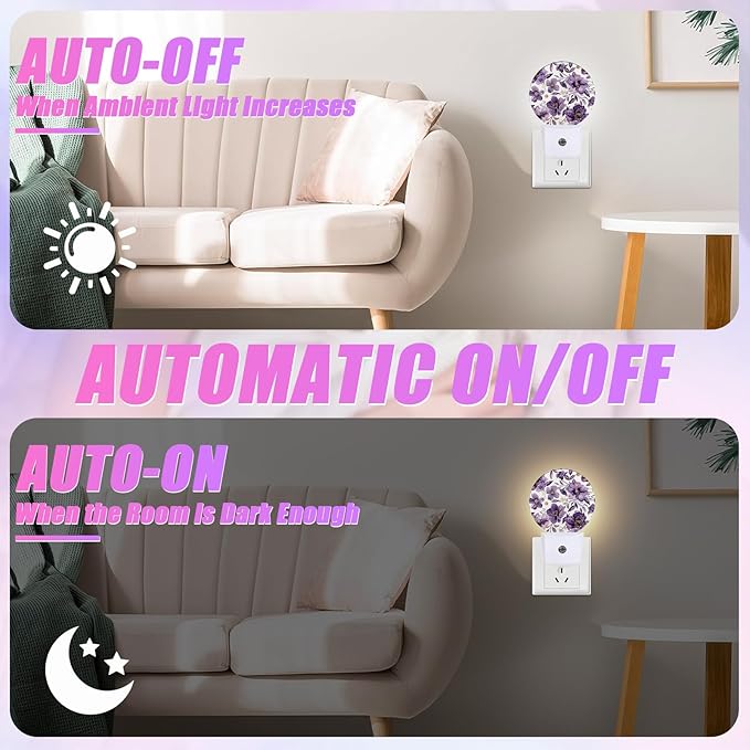 Purple Flower Night Light Watercolor Floral Night Lights LED Lamp Round Plug into Wall Nightlight with Dusk to Dawn Sensor Home Hallway Stairway Kitchen Decor