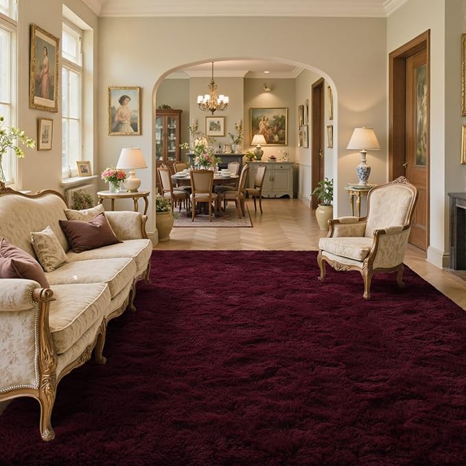 9x12 Area Rugs for Living Room Red Shag Fur Rug,Modern Non-Slip Soft Plush Carpets for Girls Woman Female Wedding Bedroom Home Décor Aesthetic Dark