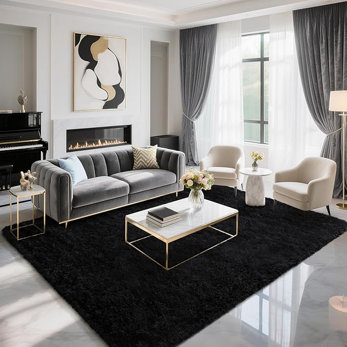 BENRON Fluffy Black Rugs for Living Room Bedroom 4x6, Soft Plush Fuzzy Shaggy Rugs for Kids Girls Boys Room Decor, Washable Indoor Floor Carpets
