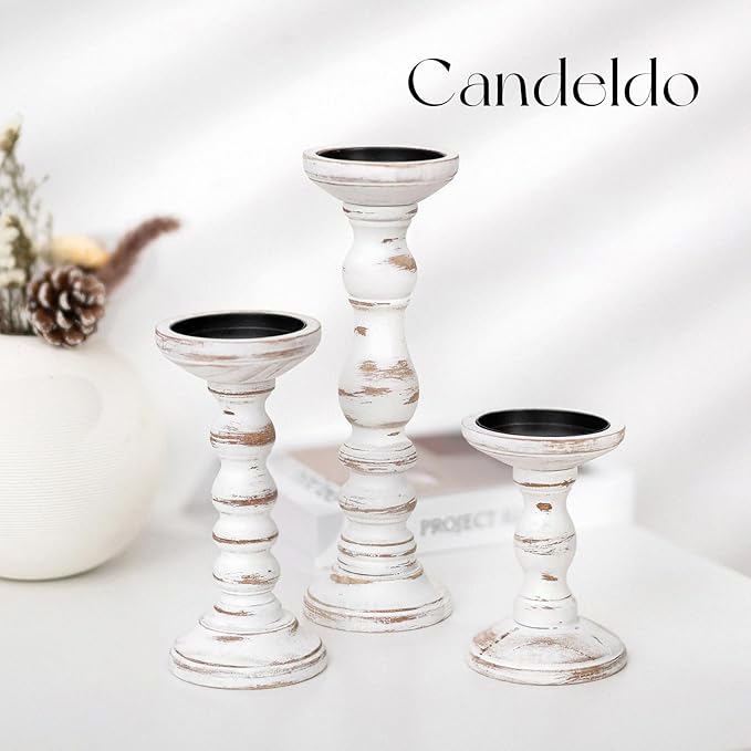 Candeldo Wood Candle Holders for Pillar: Rustic Candles Holder Set of 3 Tall Table Centerpiece Decor Wooden White Farmhouse Decorations for Fireplace Mantle