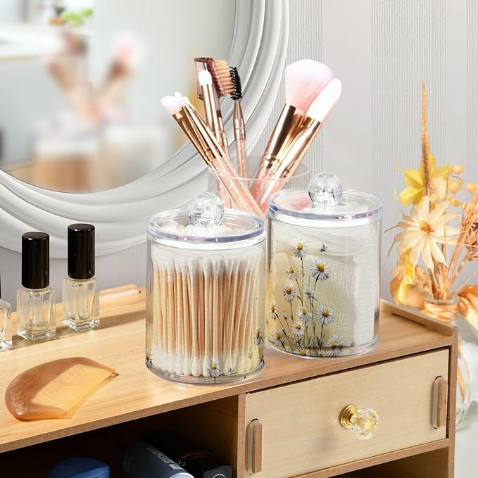 2 Pack Apothecary Jars Little Daisies and Black Cats Bathroom Vanity Storage Organizer Set,Small Clear Plastic Storage Jars Bathroom Canister for Cotton Swabs, Rounds, Balls, Qtips,Makeup Spong