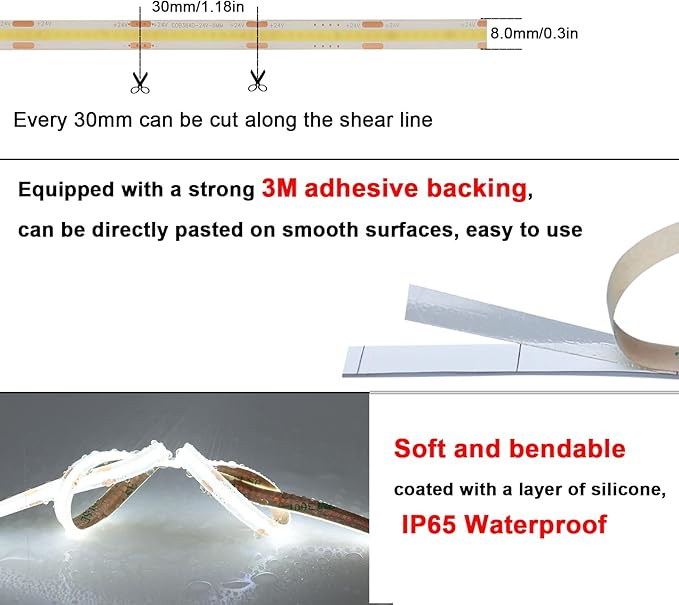 TOPAI 24V COB LED Strip 32.8ft Cool White 6000K Outdoor Waterproof CRI>93 Self Adhesive Uniform Dotless 384LEDs/M Cuttable Flexible for Cabinet Home Office DIY Lighting Projects