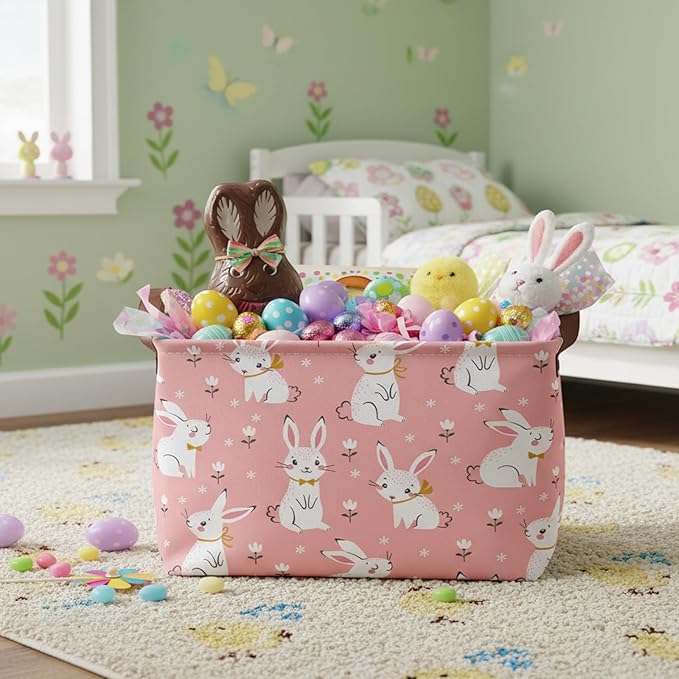 Large Rectangular Cute Kid Easter Basket Empty Bunny Eggs Easter Basket Gift Spring Room Storage Organizer Décor (E-04)