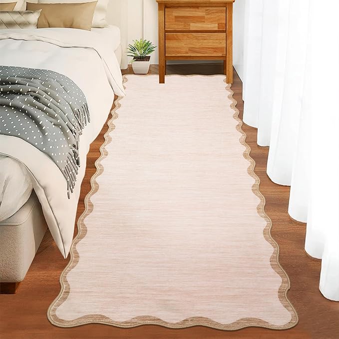 GarveeHome Scalloped Washable Runner Rug 2x6 Non Slip Kitchen Rugs Modern Beige Indoor Entryway Rug Farmhouse Soft Bath Mat Stain Resistant Carpet for Bedroom Hallway Laundry 2 ft x6 ft Beige