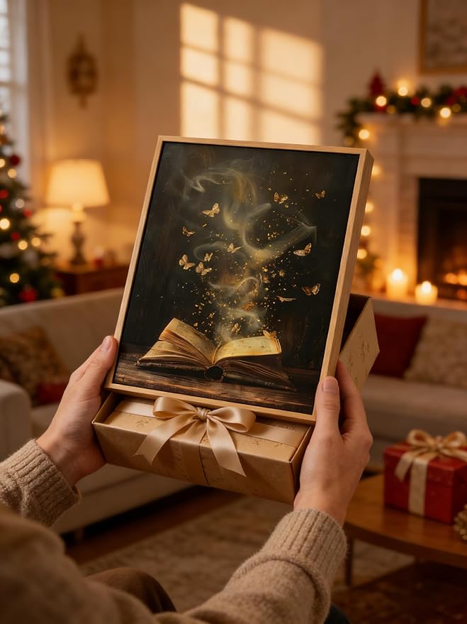 Framed Moody Victorian Bookish Wall Art Dark Academia Library Canvas Wall Decor Picture Vintage Reading Nook Butterfly Aesthetic Painting Poster Print for Gallery Library Bookstore Decoration 12x16in