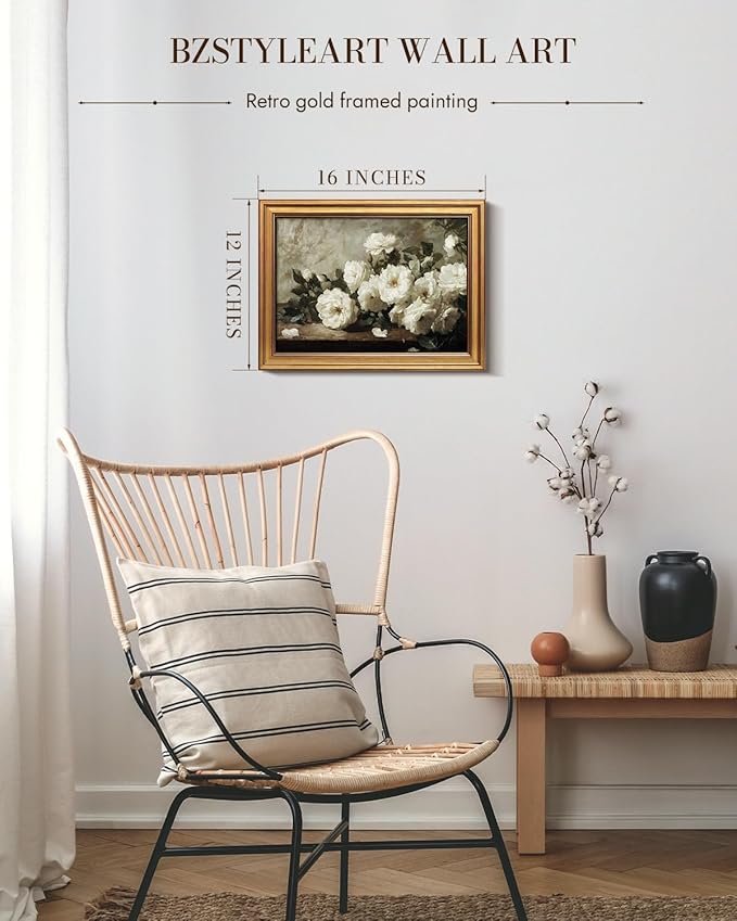Bzstyleart Vintage Wall Art Decor for Living Room, Gold Framed Prints Flowers Wall Art Home Decor Aesthetic, White Rosebush Vintage Botanical, Canvas Picture Print Artwork Gift for Mom, 12 x 16 Inch