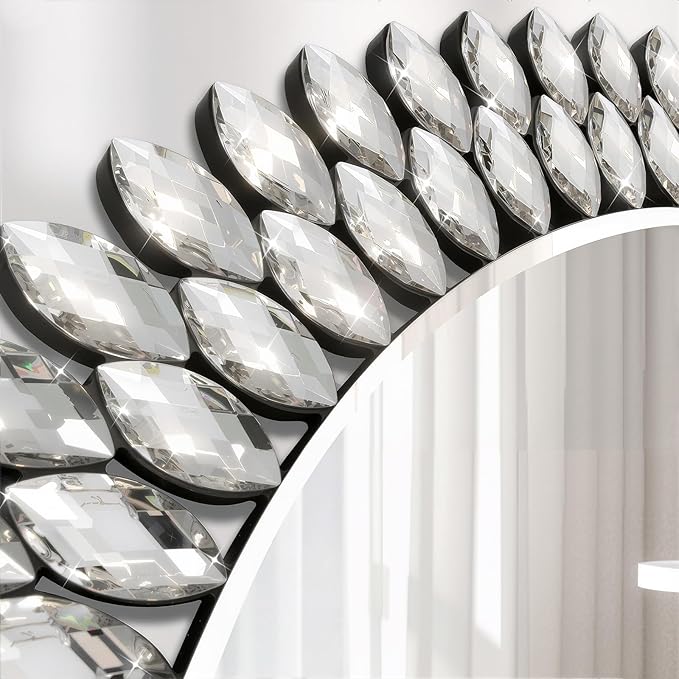 26 Inch Round Mirrors for Wall Decor, Luxury Diamond Entryway Mirrors for Wall, Silver Decorative Mirror for Living Room, Bedroom, Bathroom, Dining Room, Fireplace
