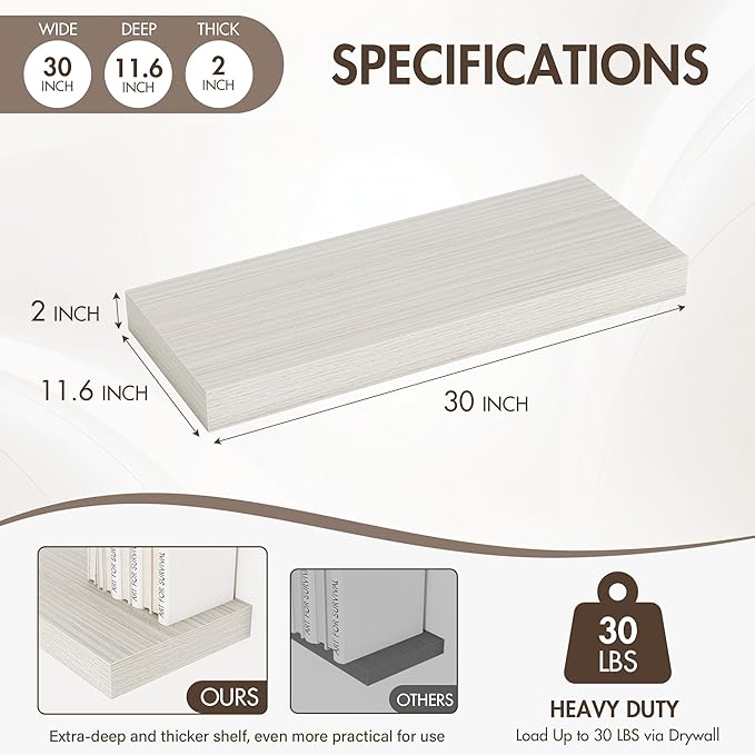 Acovy 30 Inch Floating Shelves, 12" Deep Floating Shelf Wall Mounted, 30" Wall Shelves, Rustic Deep Bookshelf, Extra Deeper & Thicker Display Shelves for Bedroom, Living Room, Gray, Set of 2