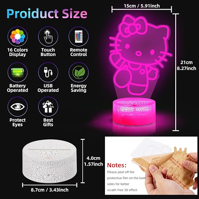 LOUHH Kitty Night Light, 3D LED 16 Color Intelligent Remote Control Lamp for Christmas Gifts Children's Room Decoration Holiday Gifts