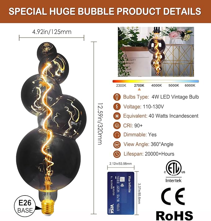 40 Watt Decorative Vintage LED Light Bulbs, Special Huge Bubble 4W LED Filament Edison Bulb,2700K Oversized Electroplated Warm Lights,Dimmable E26 Lamp Base,1-Pack