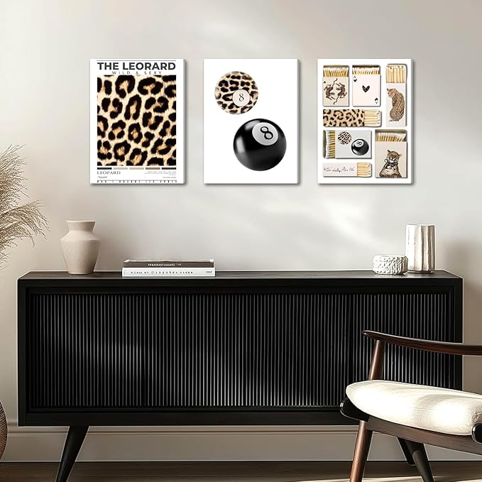 Framed Trendy Leopard Canvas Wall Art Set of 3, Preppy Cheetah Lucky 8 Ball Pictures Wall Decor Prints, Funky Y2K Paintings Girly Aesthetic Home Decor for Living Room Bedroom Dorm 16x24 inch
