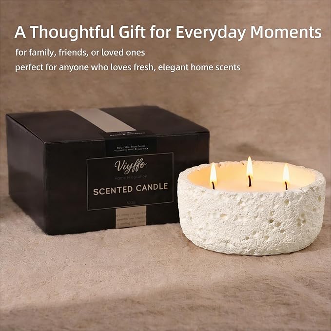 Viyffo 20oz Large Scented Candle - Lemongrass & Bergamot, 3 Wick Home Scented Candle, Non Toxic Soy for Women and Men, Ivory White Textured Ceramic Jar, Luxury Fragrance, Elegant Home Décor & Gift