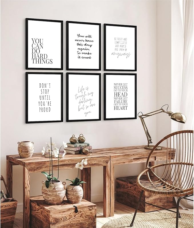 Office Inspirational Wall Art Decor Motivational Quotes Canvas Wall Art Positive Classroom Posters Pictures Office Inspirational Work Artwork for Women Home Bedroom 12x16 Inch Wood Framed Set of 6