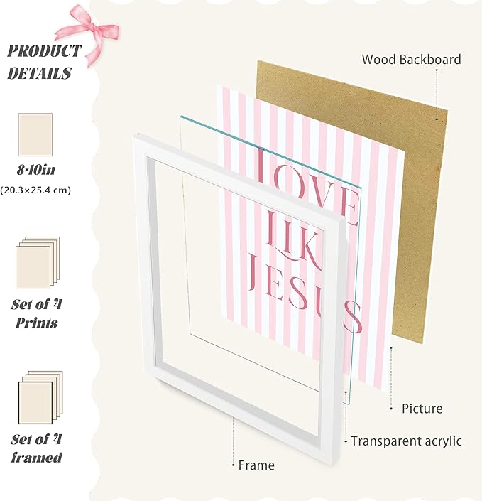 LARTSFRO Coquette Pink Bow Jesus Wall Art Decor Posters, Pink Bow Room Bedroom Bathroom Dorm Wall Art Decor Aesthetic for College Teen Girls Gifts, Inspirational Bible Verses Bow Wall Decor, 10x8 Inch Set of 4 Pcs Bow Pictures (WHITE FRAMED)