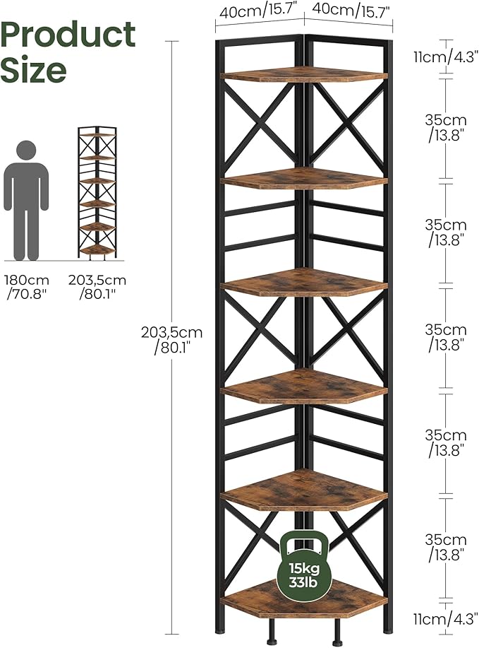 CHOEZON 6-Tier Corner Shelf, Large Corner Shelving Unit, Freestanding Storage Stand for Bedroom, Living Room, Kitchen, Industrial Engineered Wood Bookshelf Organizer, Rustic Brown and Black TCJ75BF